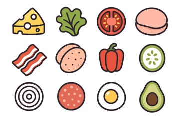Colorful food icons featuring cheese, vegetables, bacon, and egg.