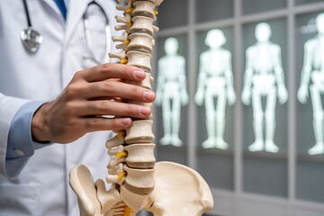 Doctor examining human spine model image