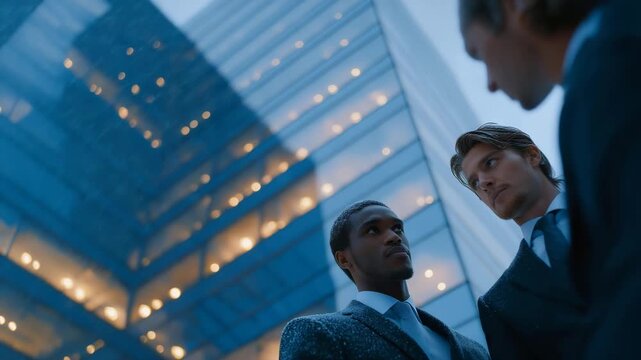 Business professionals networking outside modern glass buildings with snow gently falling, emotion of perseverance and collaboration visible, representing corporate ambition, success in adversity,