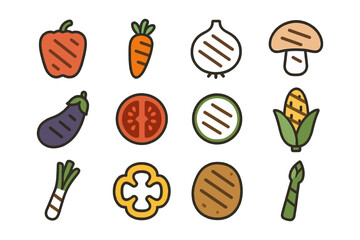 Colorful vegetable icons set featuring bell pepper tomato mushroom corn and more.