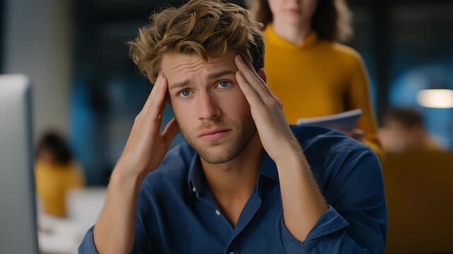 Candid close-up of stressed startup founder holding head in hands as team works behind them — representing crisis management, emotional intelligence under stress, adaptability in business, and the