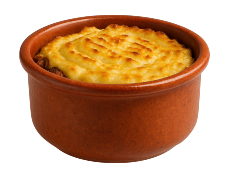 A rustic terracotta ramekin, perfect for individual servings of shepherd's pie.