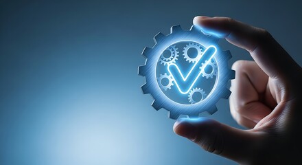 Hand holding gear mechanism with check mark concept of efficiency