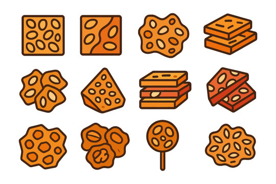 Assorted peanut brittle icon set with various shapes and textures on white background.