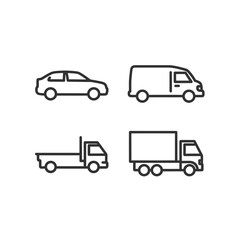 Obraz premium Collection of vehicle line icons including car van and trucks.