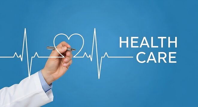 Healthcare concept with heart rate pulse and hand writing with pen - Powered by Adobe