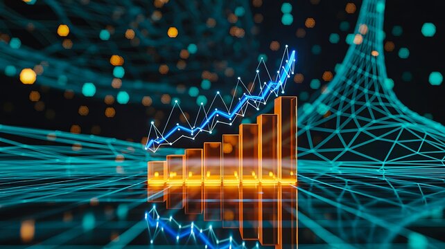 Futuristic Financial Growth Chart with Digital Network Grid and Rising Data Analytics Visualization
