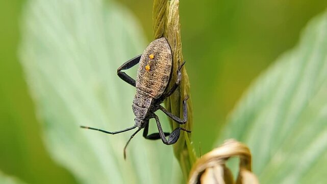 Nymph Bug Riptortus pedestris Macro 4K Slow Motion on Green Leaf Shoots
