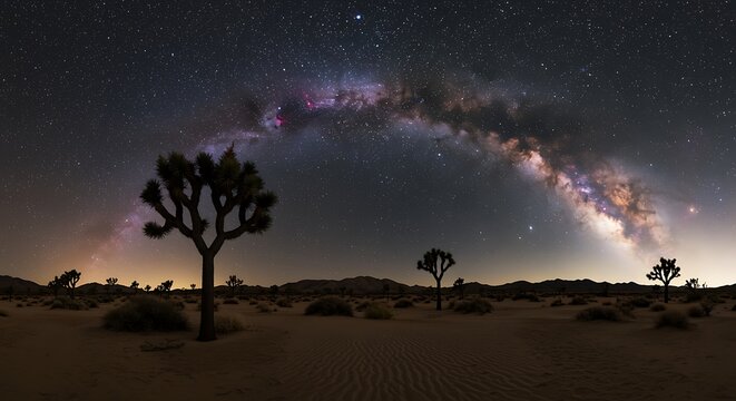 Joshua trees silhouetted against the milky way in a desert landscape - Powered by Adobe