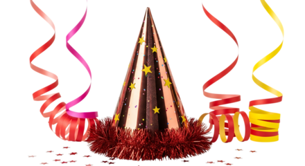 Rose gold party hat with yellow stars and red tinsel surrounded by streamers isolated on a transparent background