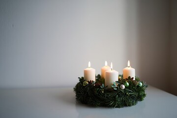 Advent Wreath with Four Burning Candles on a White Table