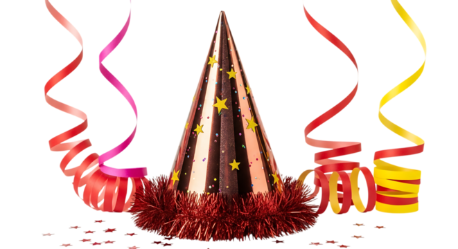 Rose gold party hat with yellow stars and red tinsel surrounded by streamers isolated on a transparent background - Powered by Adobe