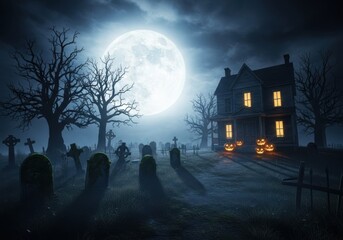 Spooky haunted house and graveyard under a full moon isolated on white background