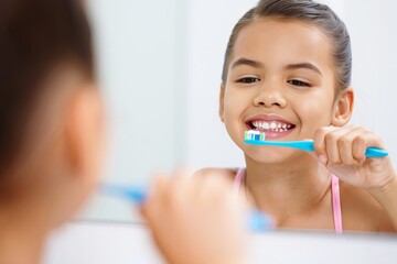 Smiling Girl Brushing Teeth in Bathroom Mirror, Promoting Oral Hygiene