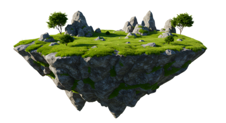 Enchanting floating island with lush green grass and trees, perfect for fantasy landscapes, captivating book covers, and serene game environments