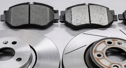 New disc brake and pad parts for auto repair. Car service and maintenance components. Automobile friction system for safe stopping.