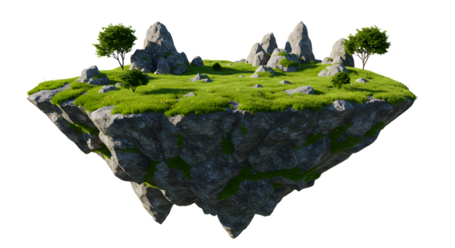 Enchanting floating island with lush green grass and trees, perfect for fantasy landscapes, captivating book covers, and serene game environments