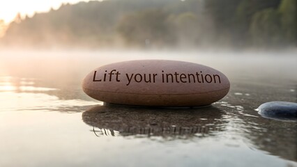 Stone with inspirational words reflecting on water