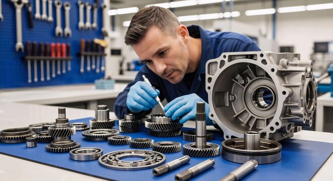 Craftsman mechanic man in work glove assembling gear in precise machine part assembly for automotive engineering and industrial maintenance.