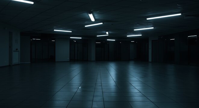 Eerie Dark Empty Office Basement Hallway with Fluorescent Lights Reflection
