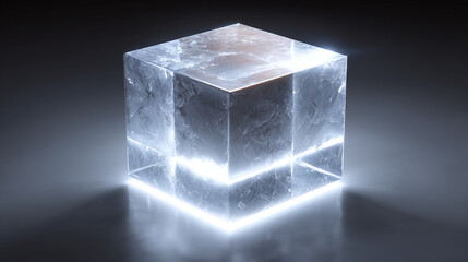 A luminous, transparent cube with a mesmerizing glow, highlighting its geometric perfection