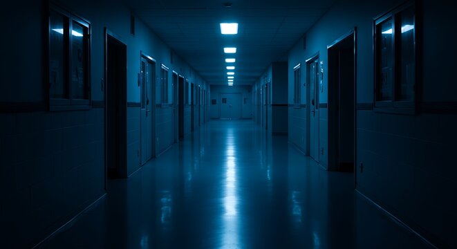 Spooky Dark School or Hospital Hallway with Blue Tones and Fluorescent Lights