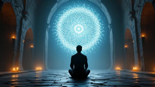 Contemplative monk immersed in spiritual geometry beneath candlelit