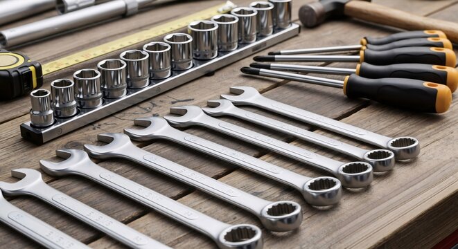 Various work tools like wrenches, screwdrivers, and socket sets are arranged on a wooden background for handyman, construction, or repair services.