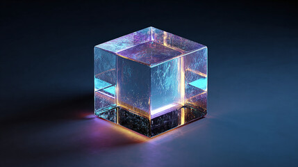 A visually captivating translucent cube emitting vibrant hues, illuminated against a dark backdrop. The intricate details and radiant light give a sense of futuristic technology or artistic design.