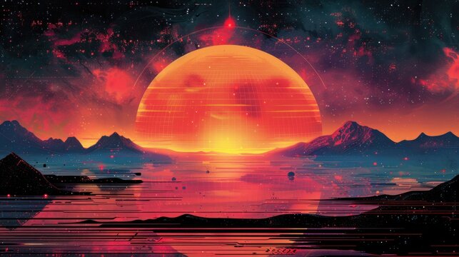 A vibrant, digital artwork of a fiery sunset over a surreal landscape, with a large orange sun and mountainous terrain reflected in a body of water. 