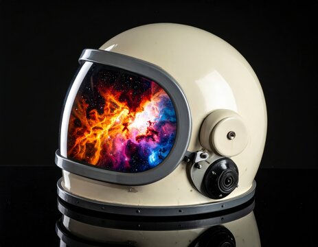 Vintage astronaut helmet with vibrant cosmic nebula reflected in its clear visor