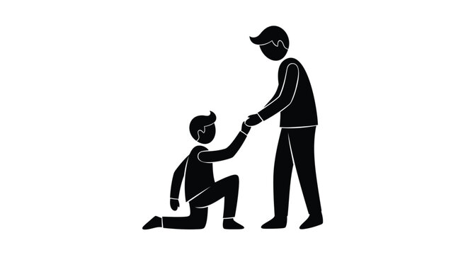 Silhouette of a taller person extending a hand to help a shorter person who is kneeling down