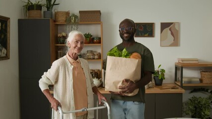 Medium shot of Black man as social worker posing with white haired senior woman holding grocery bag full of fresh produce and looking at camera smiling, copy space