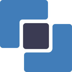 Abstract geometric logo design in shades of blue and dark gray with rounded corners and a central square element on a transparent background