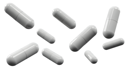 Floating white capsules signify health solutions, medicine, and pharmaceutical innovation for wellness brands and medical promotions, modern and clean
