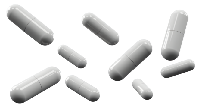 Floating white capsules signify health solutions, medicine, and pharmaceutical innovation for wellness brands and medical promotions, modern and clean