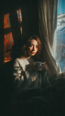 Obraz premium Young woman sitting by window holding mug