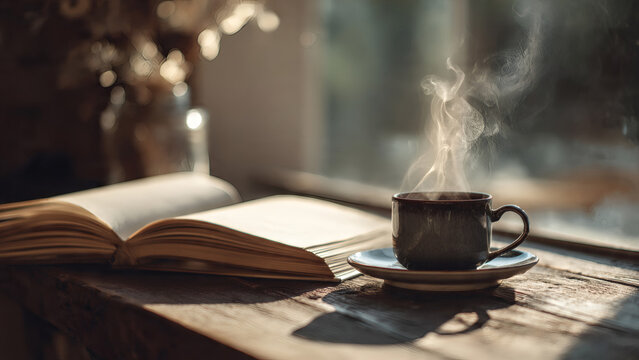 A steaming cup of coffee on wooden table with a book next to it
