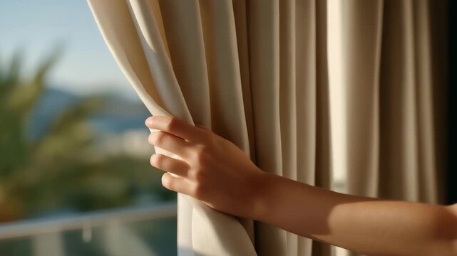 Hand pulling open curtains to let bright daylight flood a room &mdash; concept of fresh start, morning routine, home wellness, natural light inspiration, and lifestyle interior photography. cinematic