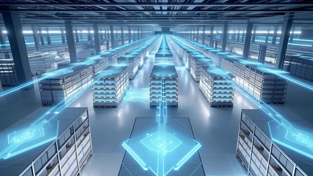 High-tech warehouse fully automated storage racks with intelligent conveyor systems and AI-powered distribution technology operating inside a futuristic logistics center