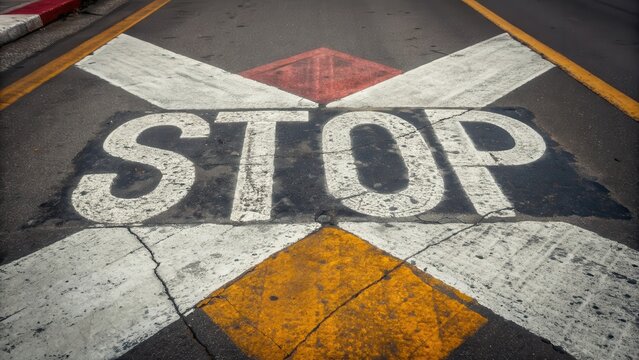 Close up shot of a large painted STOP sign on a road