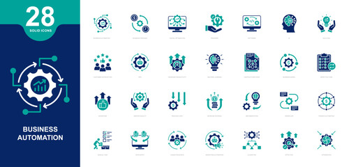  Business Automation Solid icons collection. Containing Business Automation, Business Process, Digital Optimization, Provider, Software, Solution and more Simple vector illustration