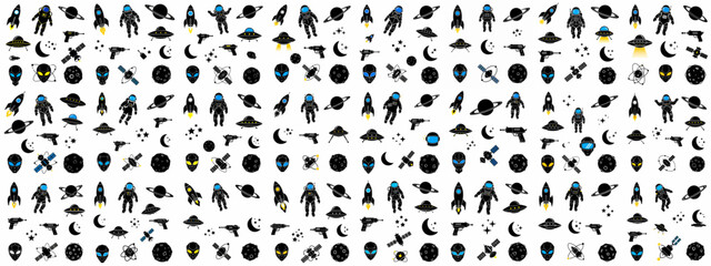 Retro sci-fi and cosmic silhouette seamless pattern featuring astronauts, flying saucers, rockets, and alien heads against a clean white background.