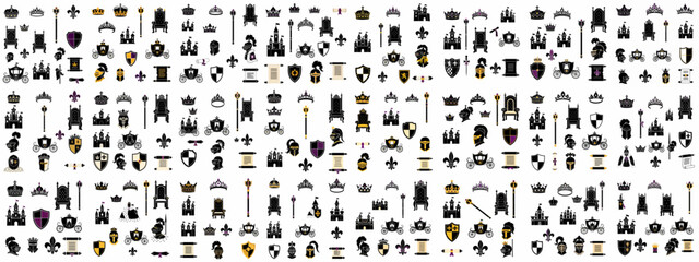 Seamless pattern of black and gold royal and medieval symbols, including crowns, thrones, castles, knights, and heraldic shields, on a white background.