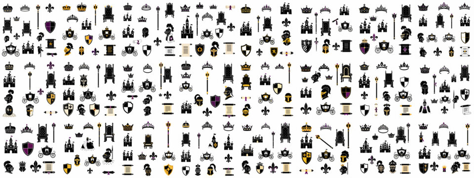 Seamless pattern of black and gold royal and medieval symbols, including crowns, thrones, castles, knights, and heraldic shields, on a white background.