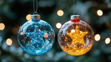 Close-up view of two illuminated Christmas tree ornaments with stars inside, suspended against a bokeh background