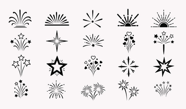 Collection of decorative black and white abstract starburst and firework graphic elements on a light pink background