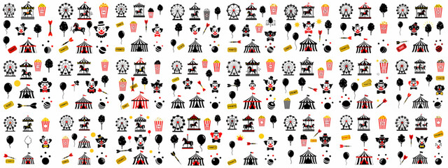 Amusement park and circus fun seamless vector pattern background featuring Ferris wheels, carousels, big tents, clowns, and tickets in flat icon style. © Sabiqul