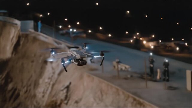 Night inspection of urban sewage pipes illuminated by portable LED drone lights, worker monitoring pipeline conditions &mdash; concept of after-hours infrastructure maintenance, drone-assisted