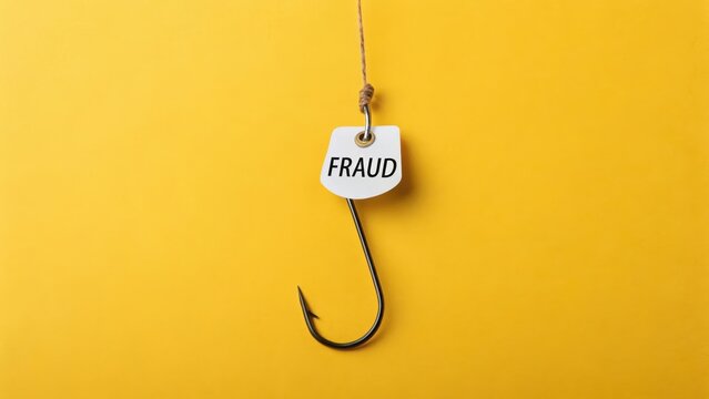 Fishhook with a tag labeled Fraud against a bright yellow background